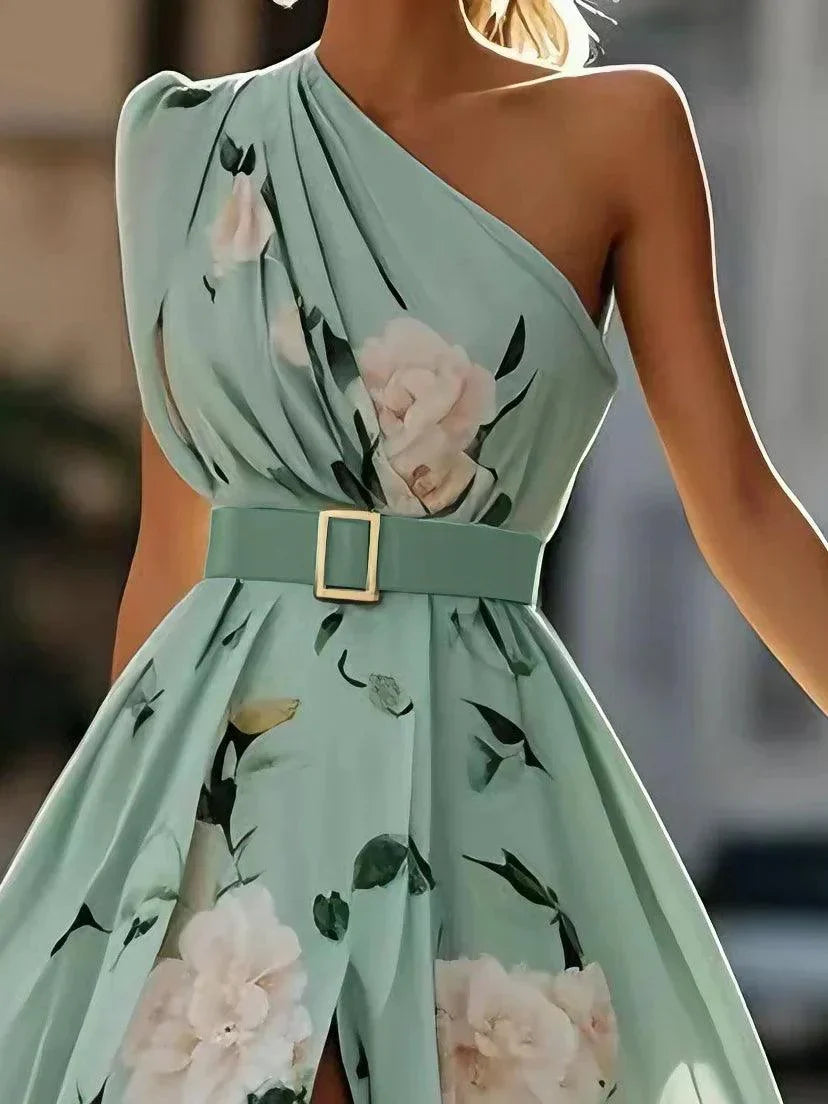 Julie | Hellgrünes Floral Chiffon Maxikleid mit Ein-Schulter-Design