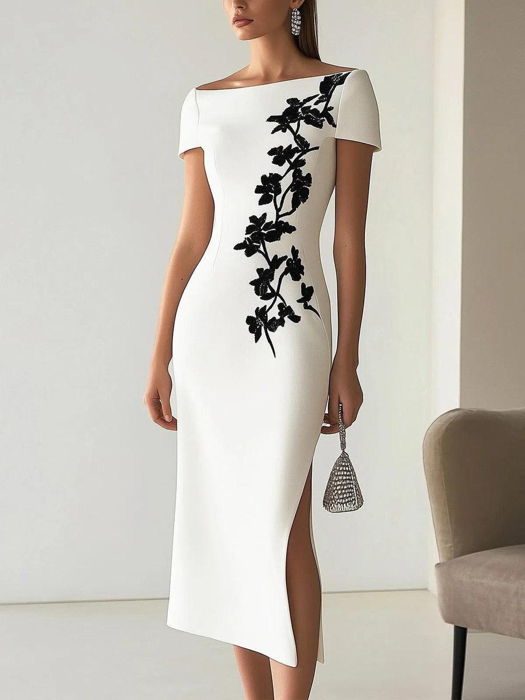 Audrey | Stylish Floral-Print Boot-Neck Midi Dress Ensemble