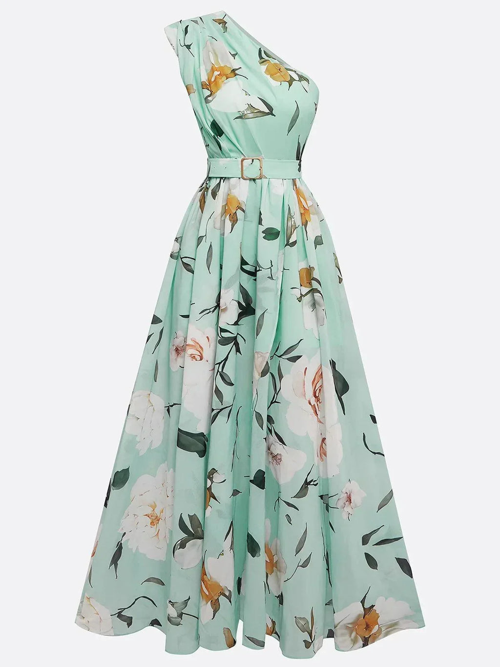 Julie | Hellgrünes Floral Chiffon Maxikleid mit Ein-Schulter-Design