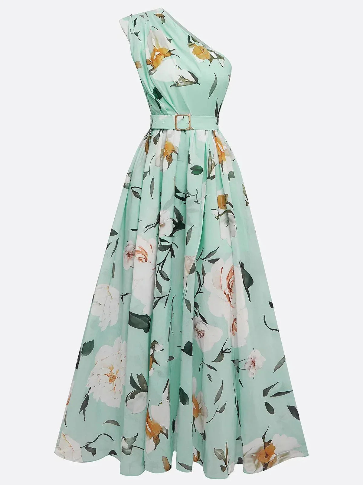 Julie | Hellgrünes Floral Chiffon Maxikleid mit Ein-Schulter-Design