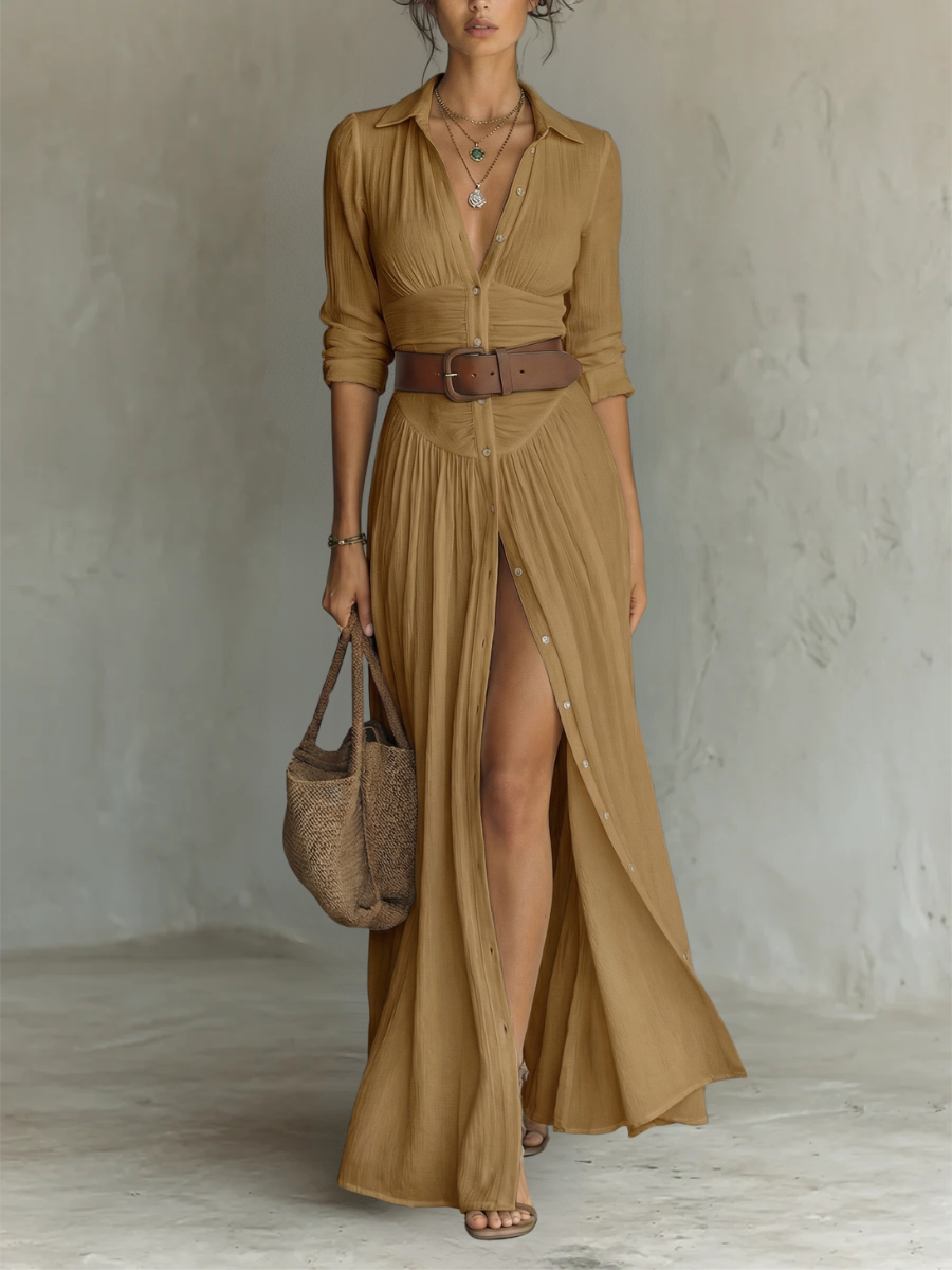 Langärmliges Leinen-Maxikleid mit Reverskragen