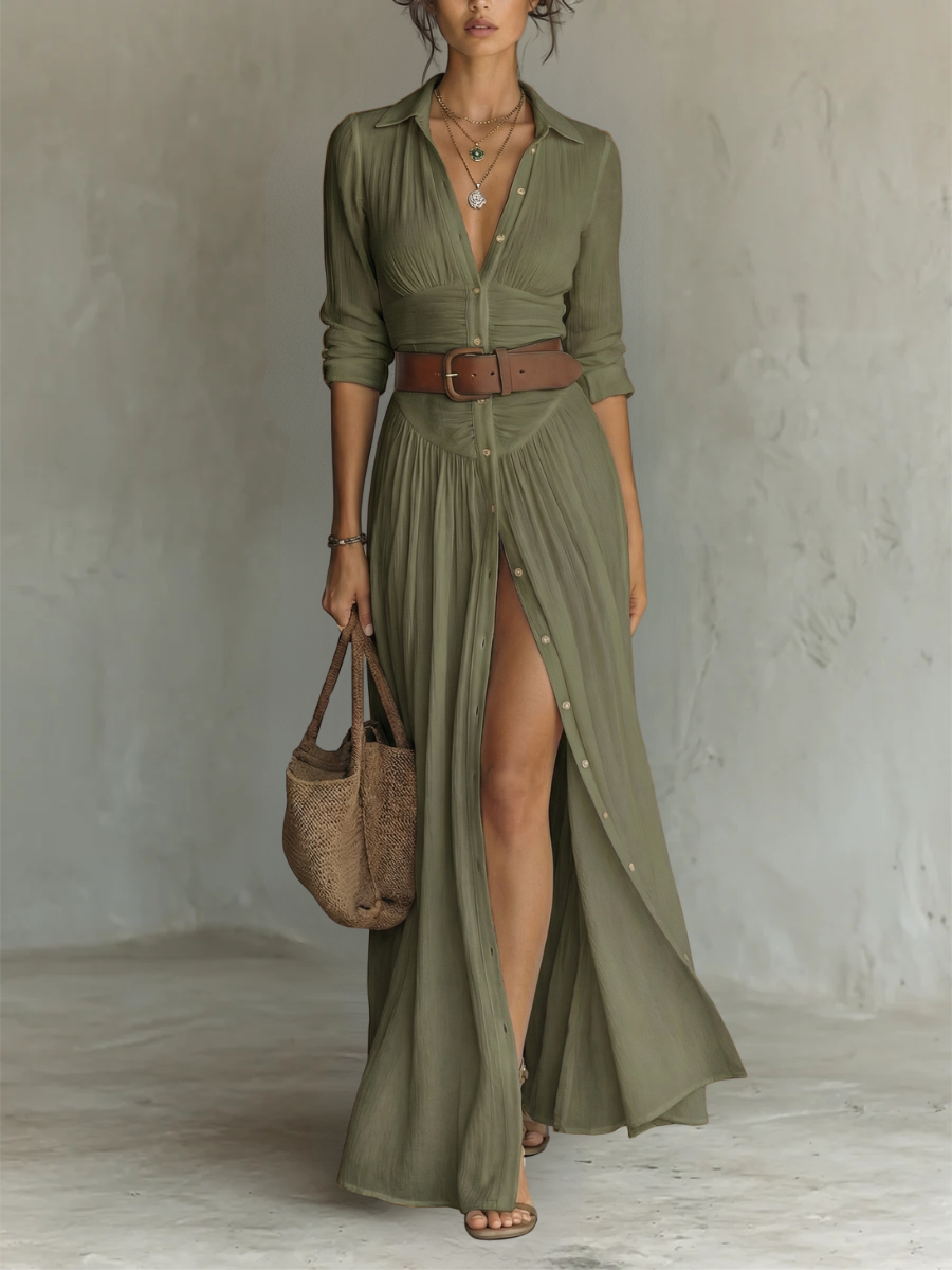 Langärmliges Leinen-Maxikleid mit Reverskragen