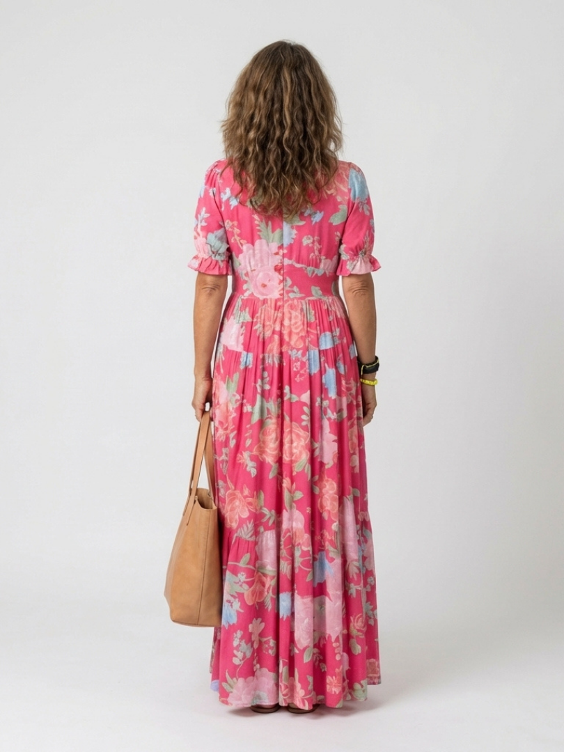Ione | Kurzärmeliges V-Ausschnitt Midi-Kleid mit Blumenmuster