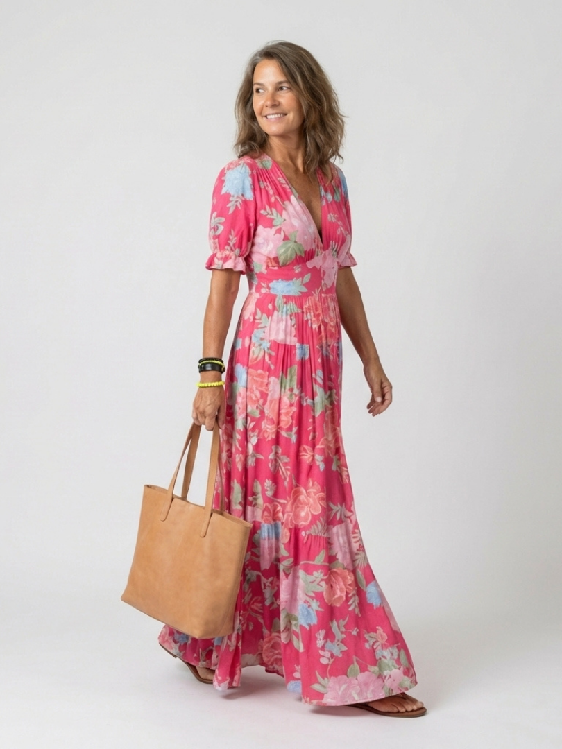 Ione | Kurzärmeliges V-Ausschnitt Midi-Kleid mit Blumenmuster