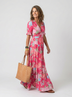 Ione | Kurzärmeliges V-Ausschnitt Midi-Kleid mit Blumenmuster