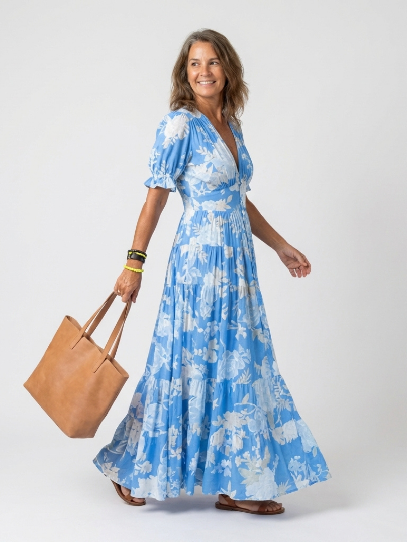Ione | Kurzärmeliges V-Ausschnitt Midi-Kleid mit Blumenmuster