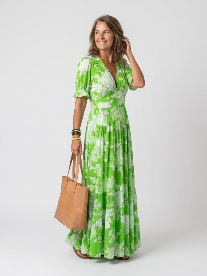 Ione | Kurzärmeliges V-Ausschnitt Midi-Kleid mit Blumenmuster