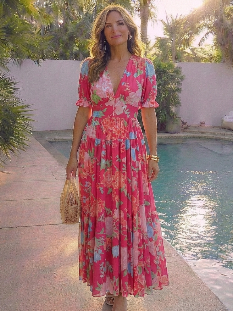 Ione | Kurzärmeliges V-Ausschnitt Midi-Kleid mit Blumenmuster