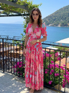 Ione | Kurzärmeliges V-Ausschnitt Midi-Kleid mit Blumenmuster