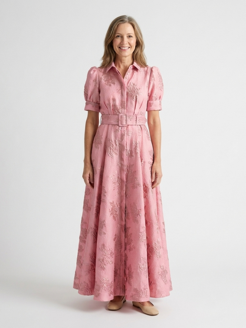 Xanthea | Kurzärmliges, gebundenes Maxikleid mit floralem Strukturdesign