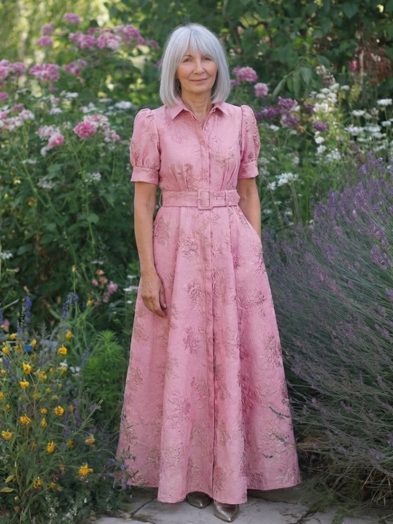 Xanthea | Kurzärmliges, gebundenes Maxikleid mit floralem Strukturdesign