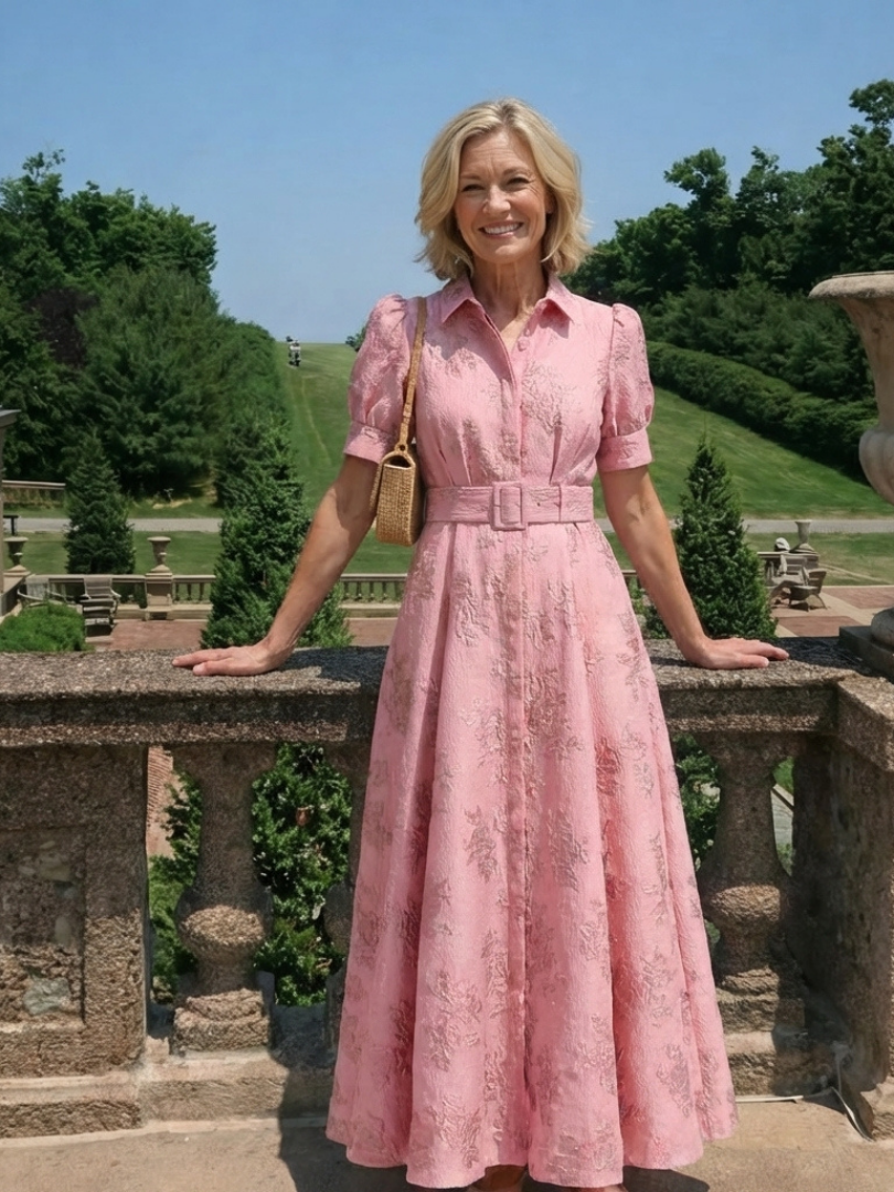 Xanthea | Kurzärmliges, gebundenes Maxikleid mit floralem Strukturdesign