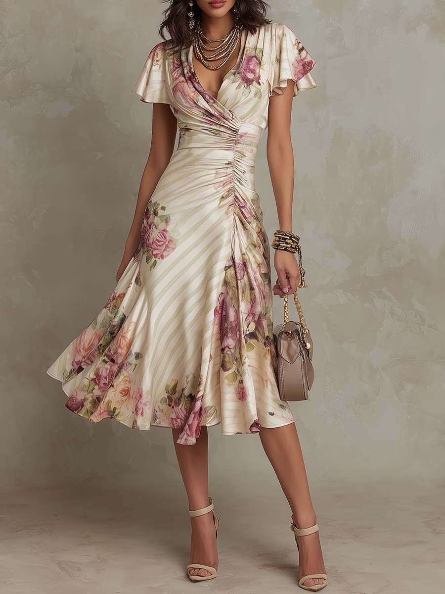 Margaret | Retro Floral Satin Midi Dress