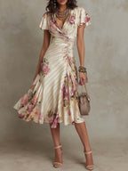 Margaret | Retro Floral Satin Midi Dress