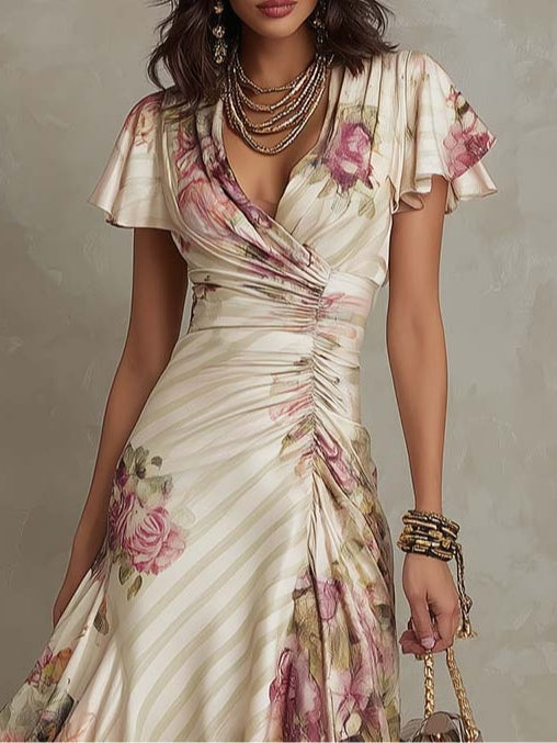 Margaret | Retro Floral Satin Midi Dress
