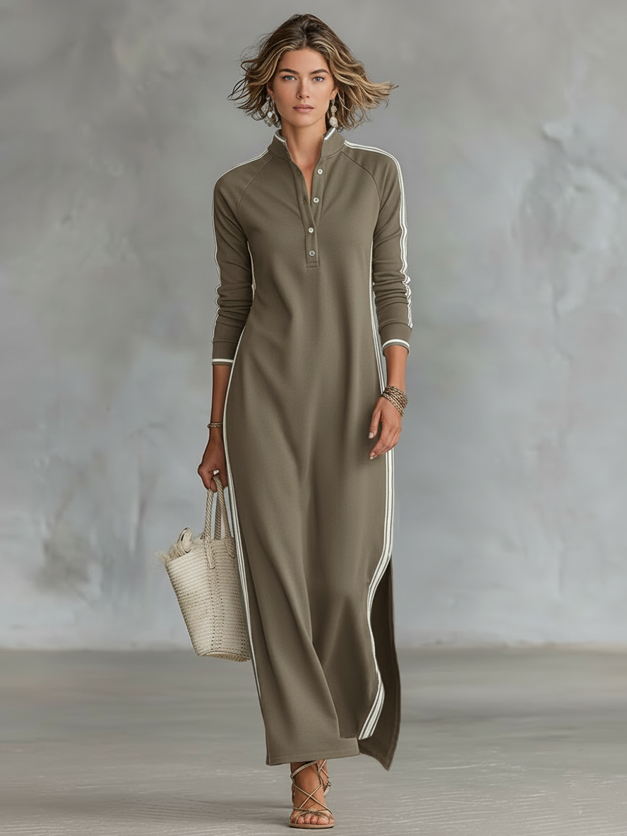 Laura | Maxikleid mit Knopfkragen und Weißem Saum