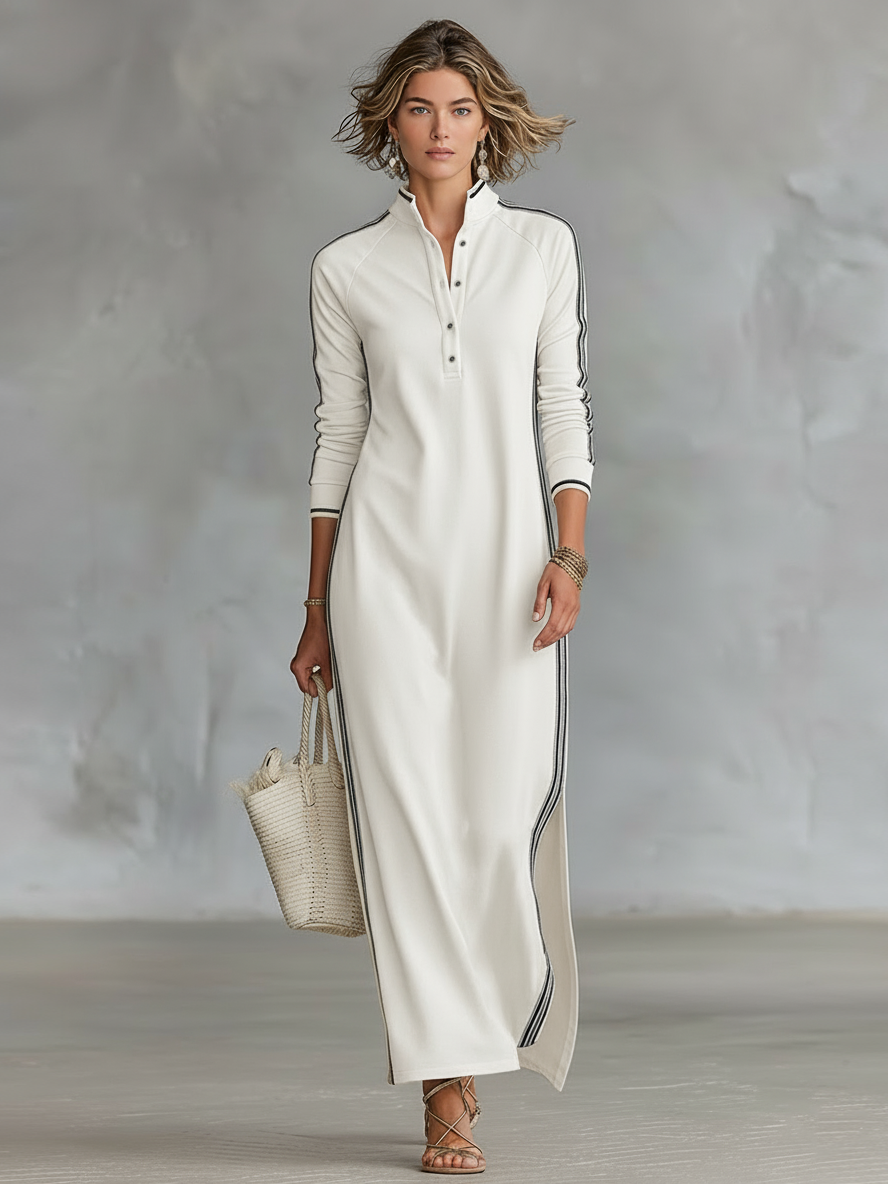 Laura | Maxikleid mit Knopfkragen und Weißem Saum