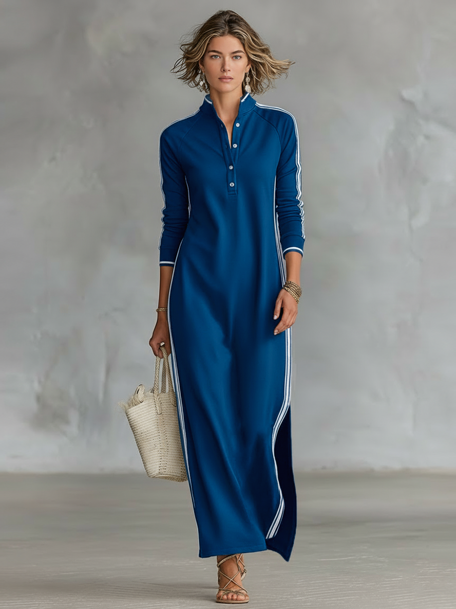 Laura | Maxikleid mit Knopfkragen und Weißem Saum