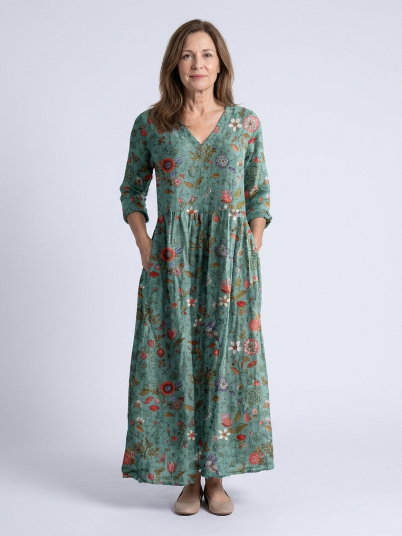 Marina | Florales Maxikleid mit V-Ausschnitt und Dreiviertelärmeln