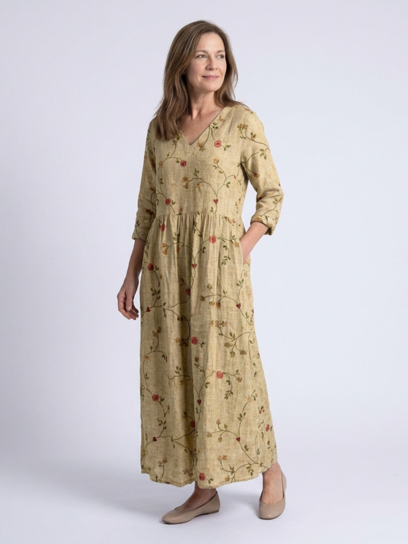 Marina | Florales Maxikleid mit V-Ausschnitt und Dreiviertelärmeln