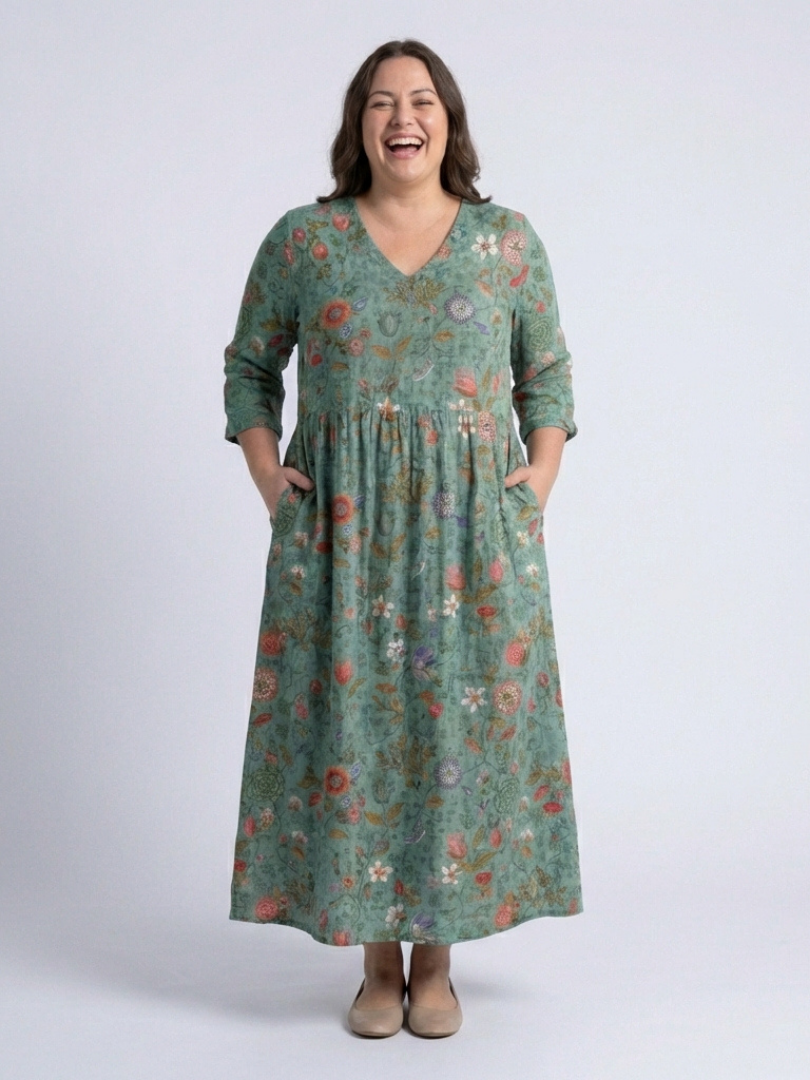 Marina | Florales Maxikleid mit V-Ausschnitt und Dreiviertelärmeln