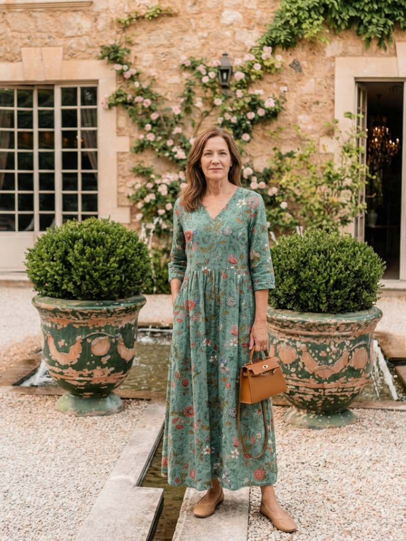 Marina | Florales Maxikleid mit V-Ausschnitt und Dreiviertelärmeln