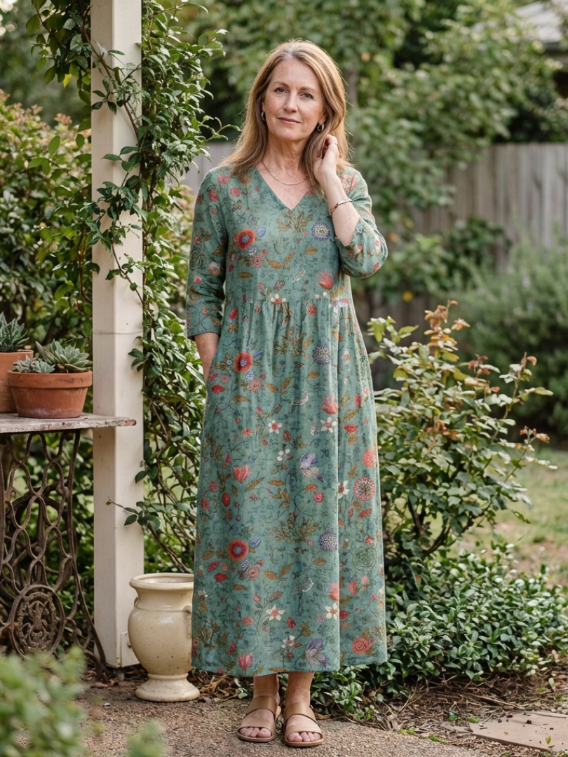 Marina | Florales Maxikleid mit V-Ausschnitt und Dreiviertelärmeln