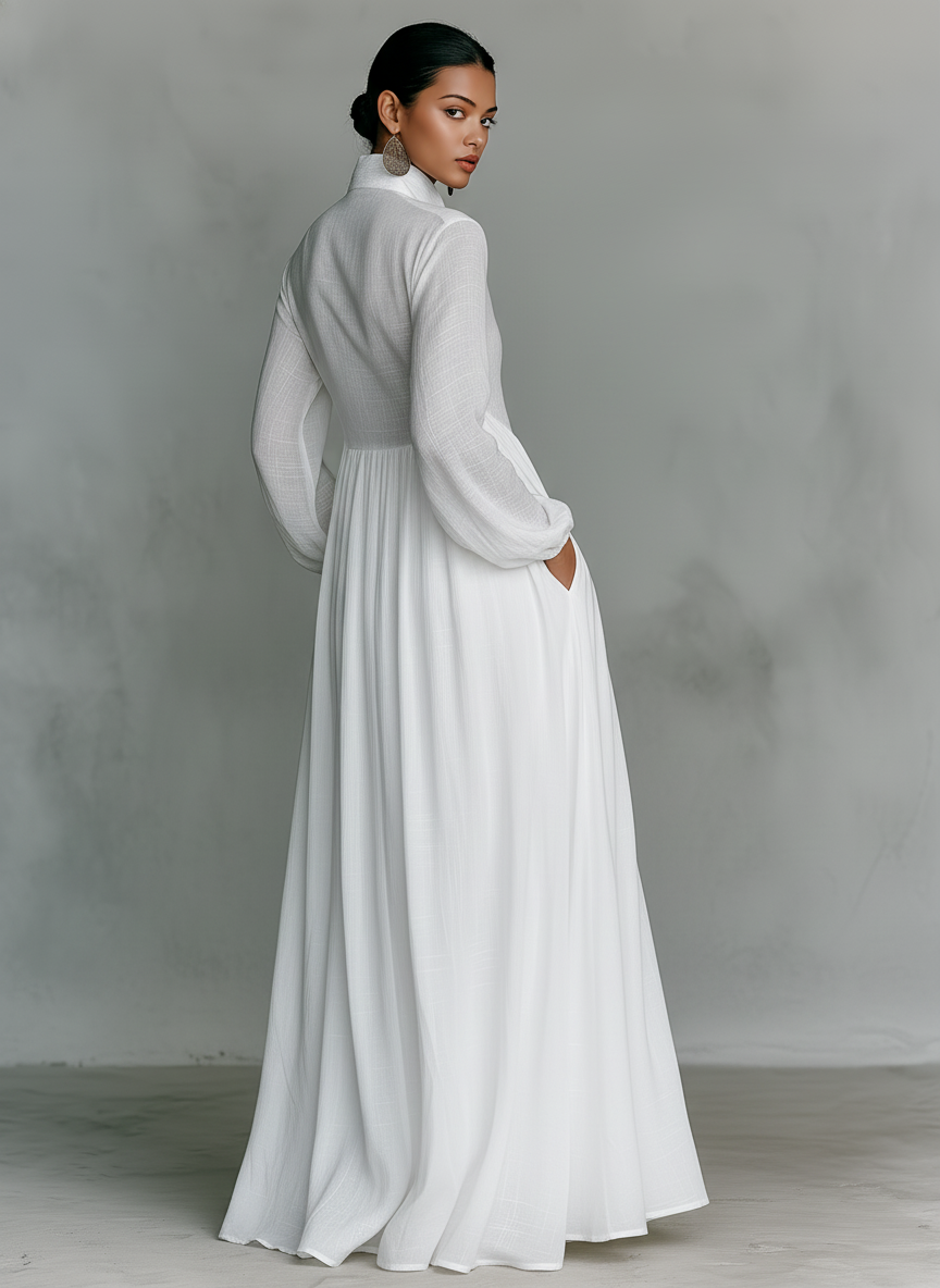 Maxi Kleid aus Patchwork-Leinen mit Stehkragen
