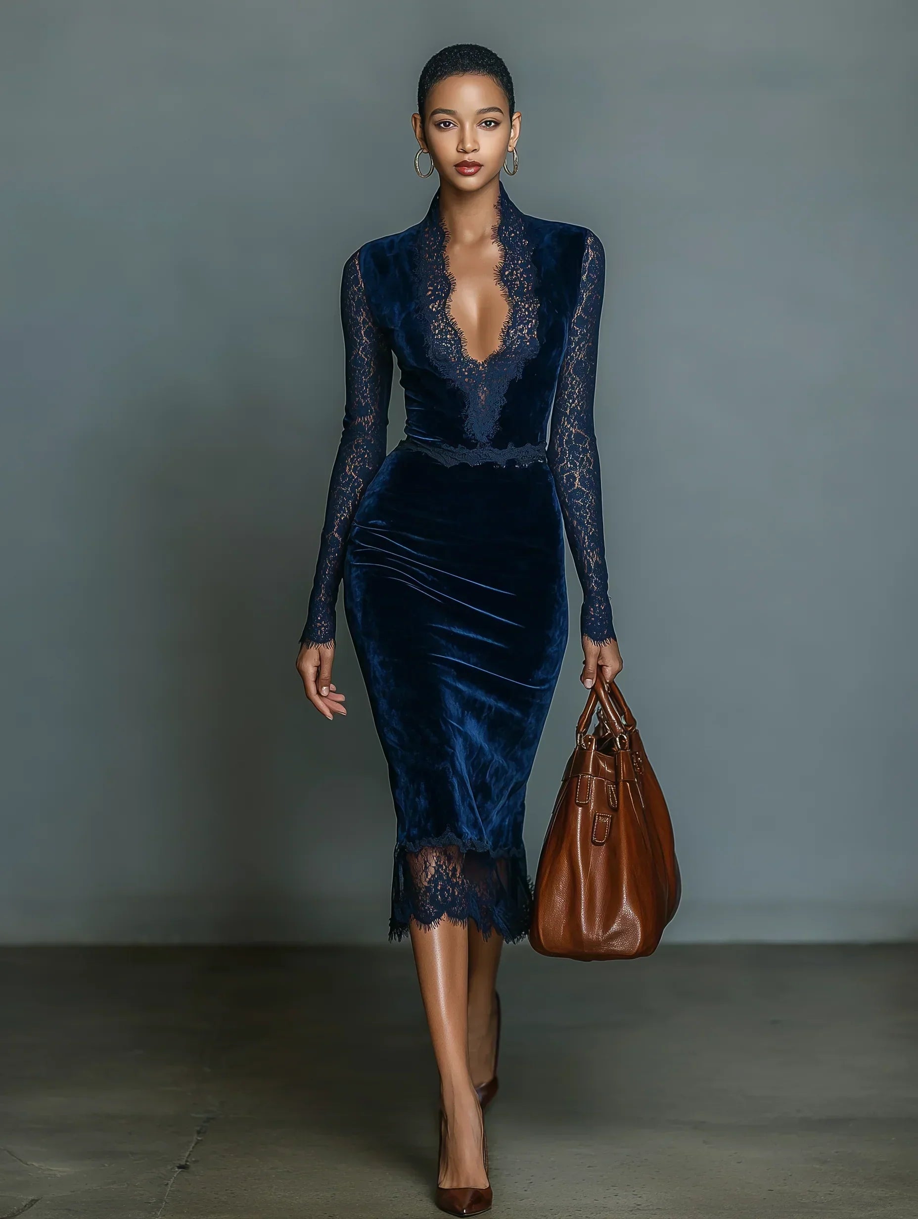 Amelia | Dunkelblaues Samt-Midikleid mit Spitzen-V-Ausschnitt