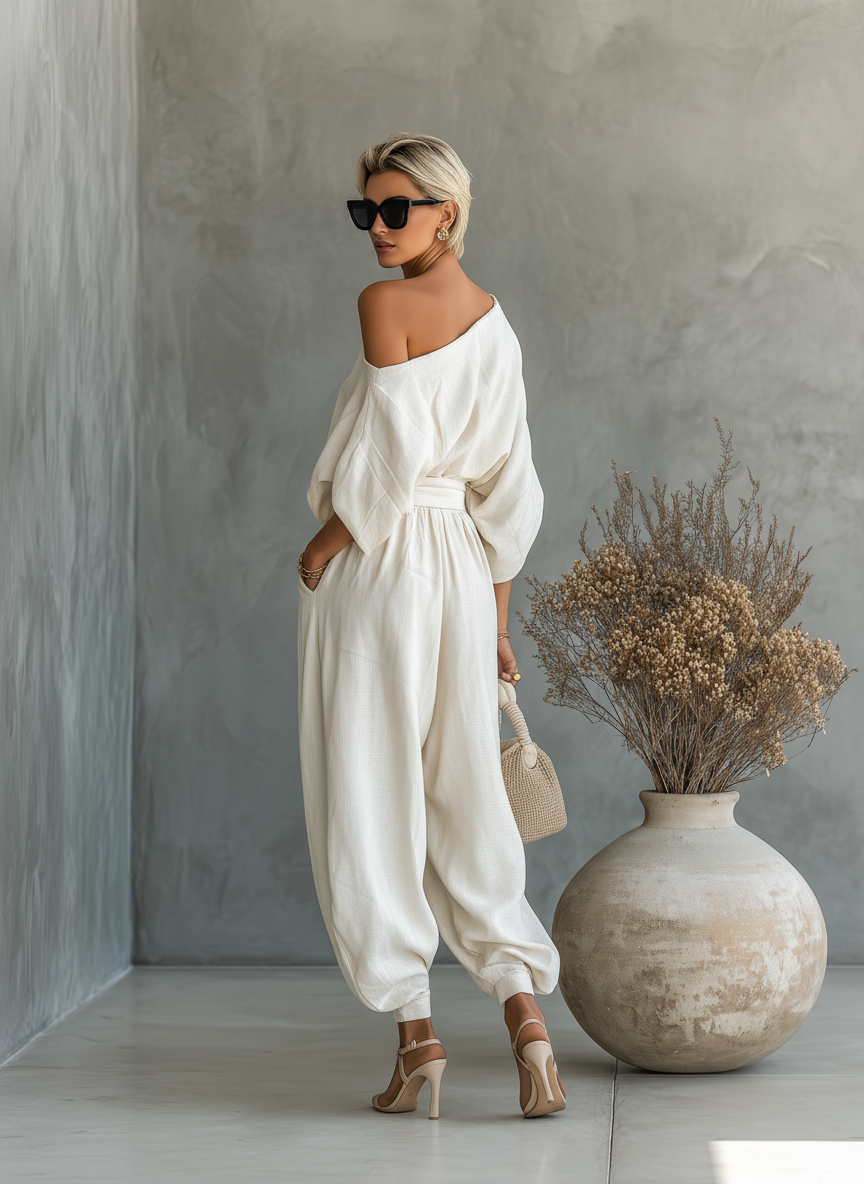 Off-Shoulder Linen Pants Set
