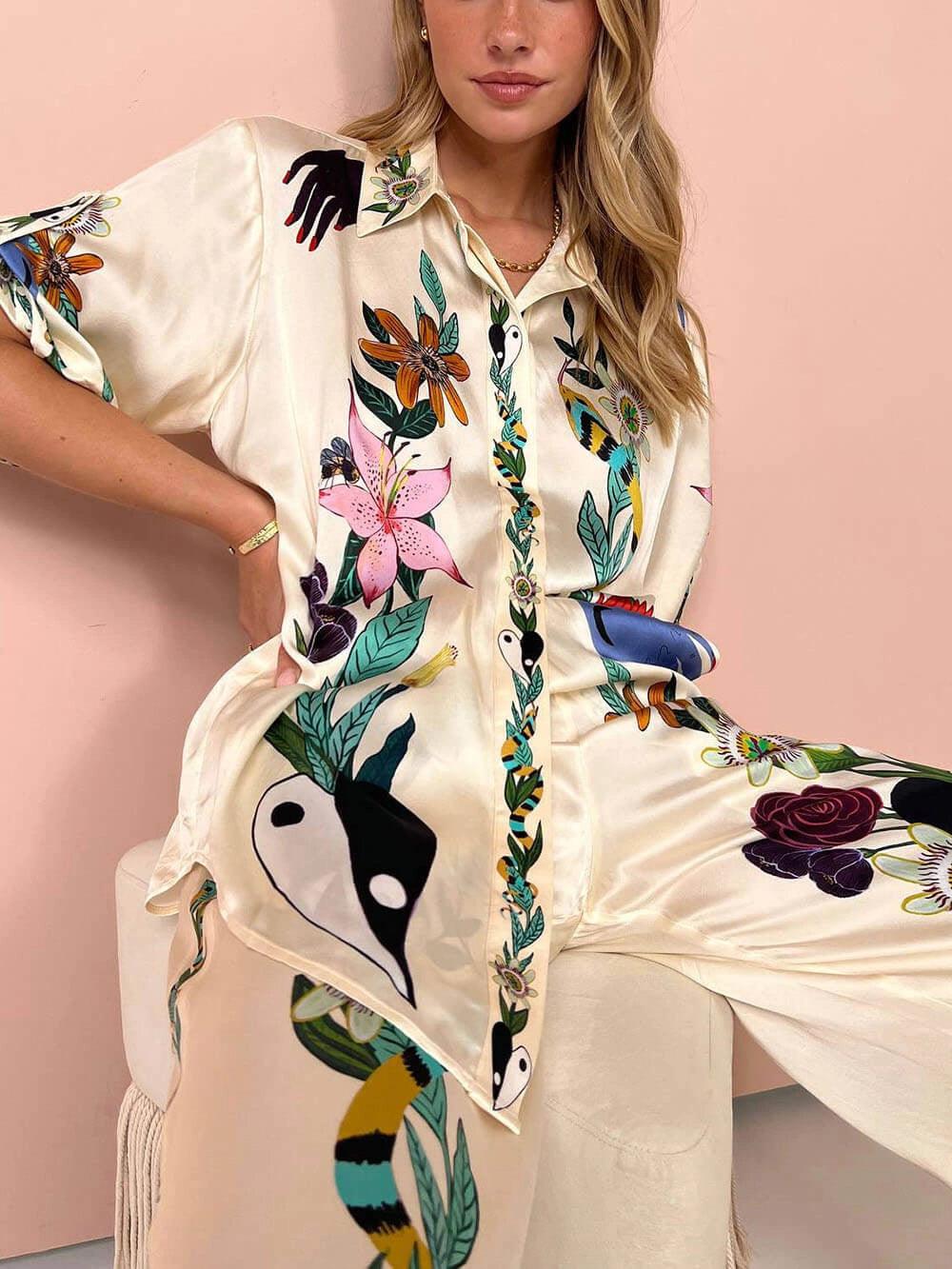 Nika | Satin Druck-Shirt und Hosen-Set mit Resort-Vibes – Einzigartiger Fit
