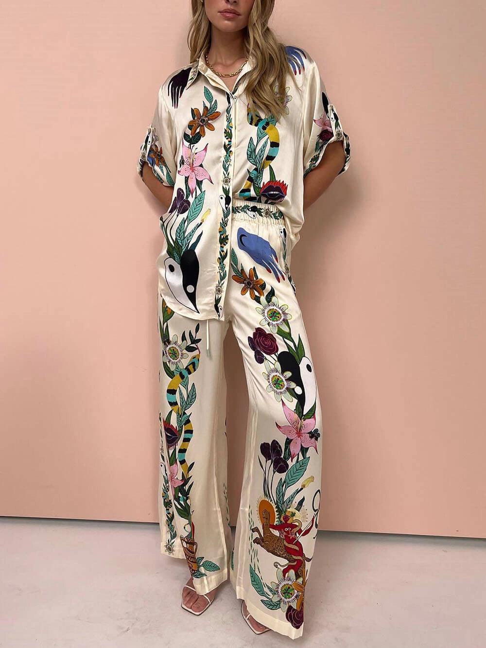 Nika | Satin Druck-Shirt und Hosen-Set mit Resort-Vibes – Einzigartiger Fit