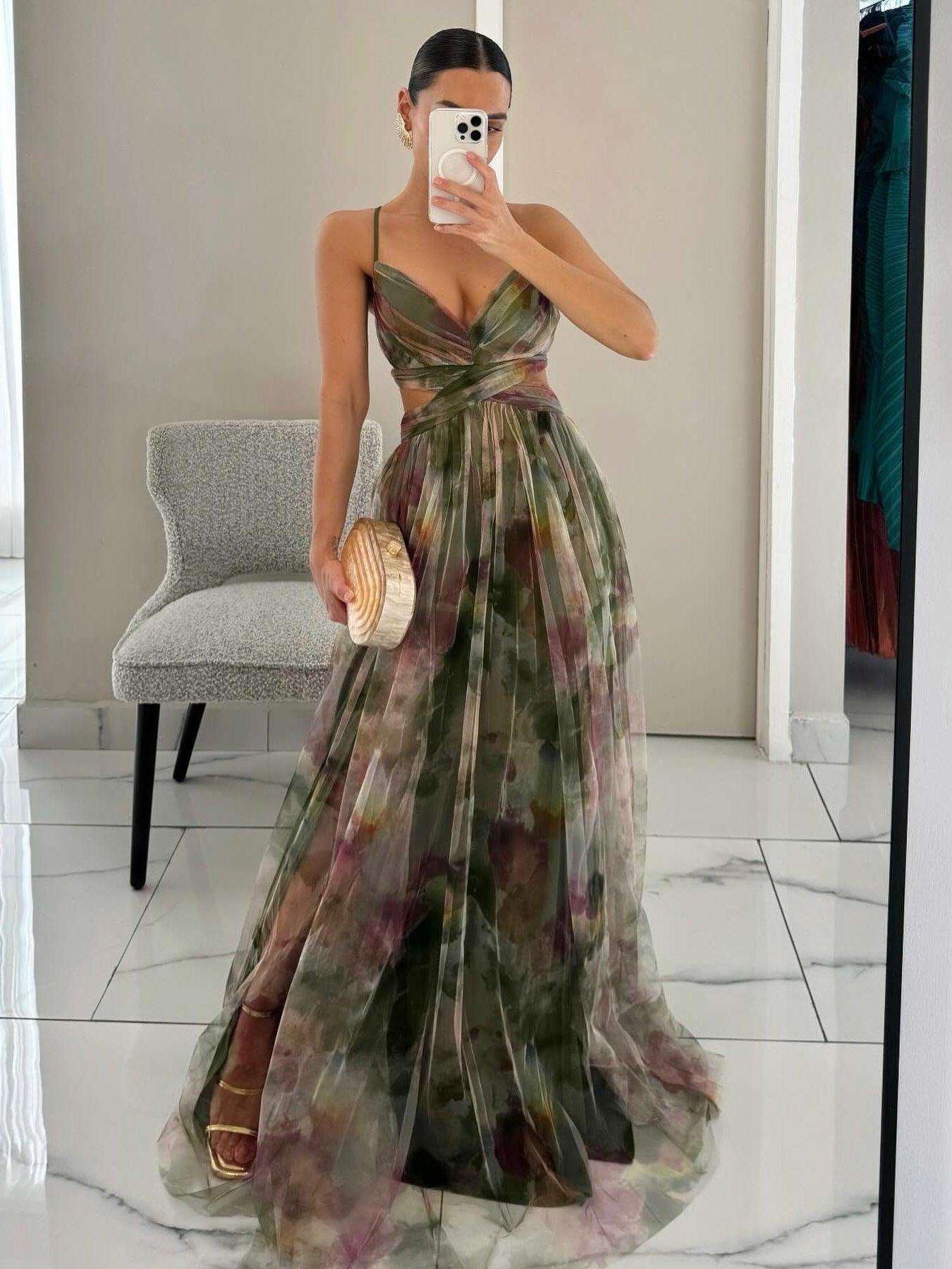 Karen | V-Neck Maxi Dress with Painted Floral Pattern