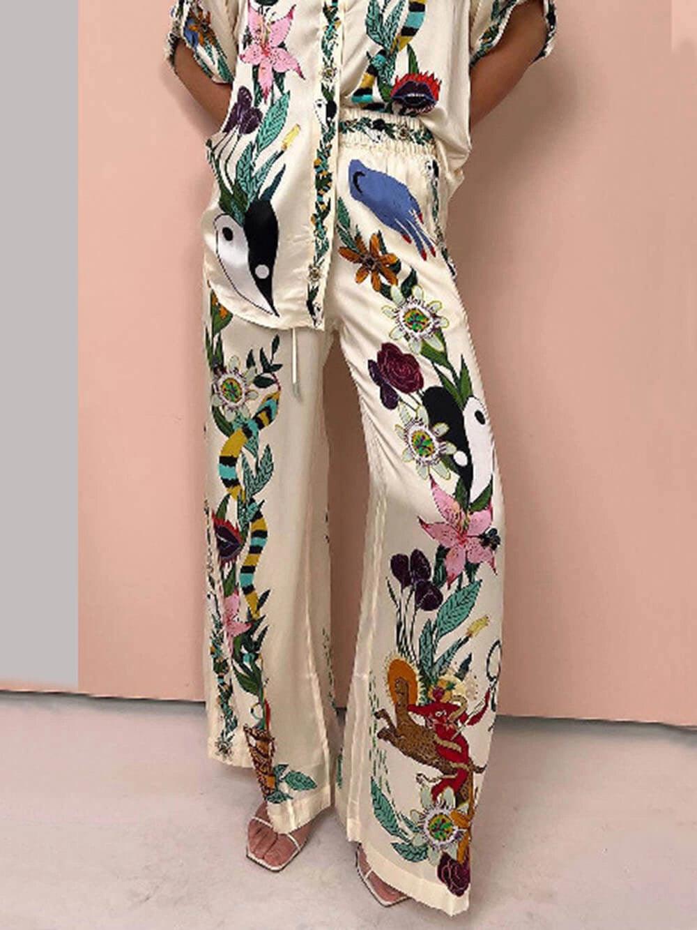 Nika | Satin Druck-Shirt und Hosen-Set mit Resort-Vibes – Einzigartiger Fit
