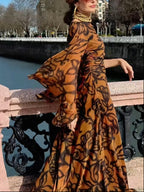 Ashley | Strand Glamour - Langes bedrucktes Kleid in Braun