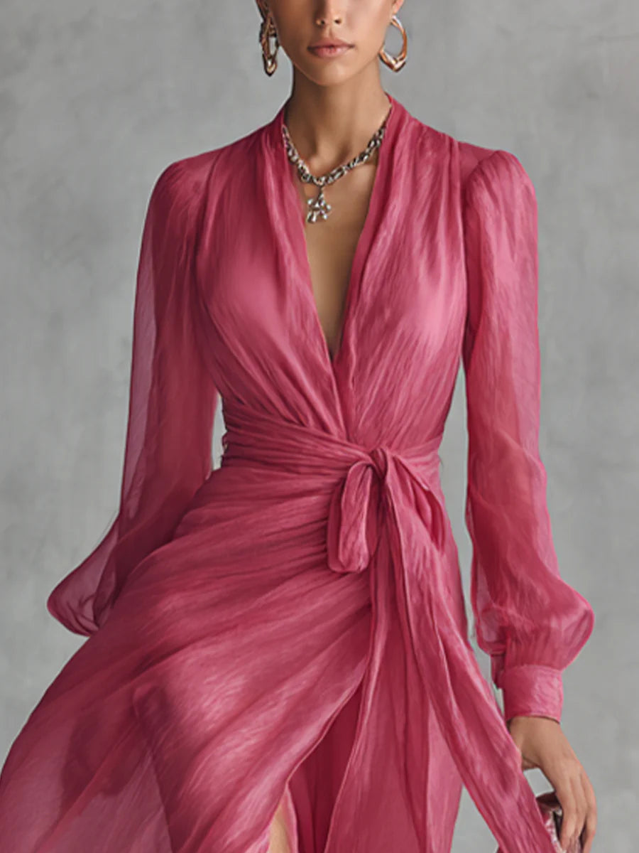 Beatrice | Elegantes Tailliertes Langkleid mit V-Ausschnitt aus Chiffon