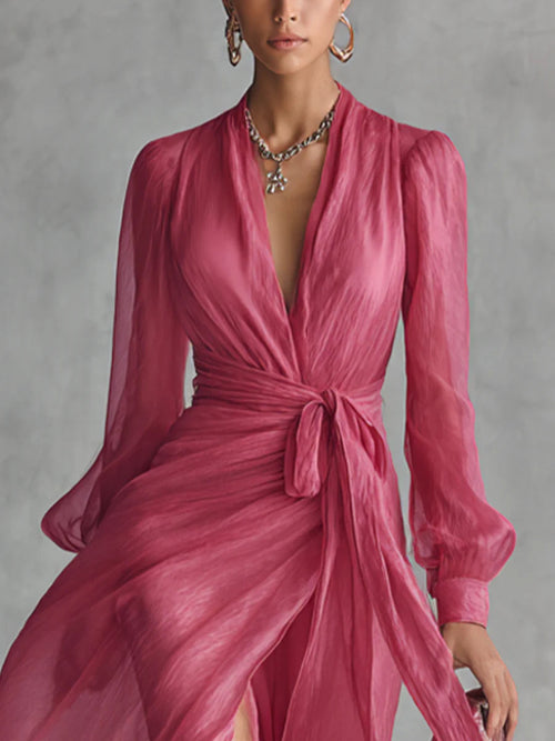 Beatrice | Elegantes Tailliertes Langkleid mit V-Ausschnitt aus Chiffon