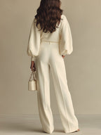 Ivory Crew Neck Top and High-Waisted Wide Leg Pants Set by Isa