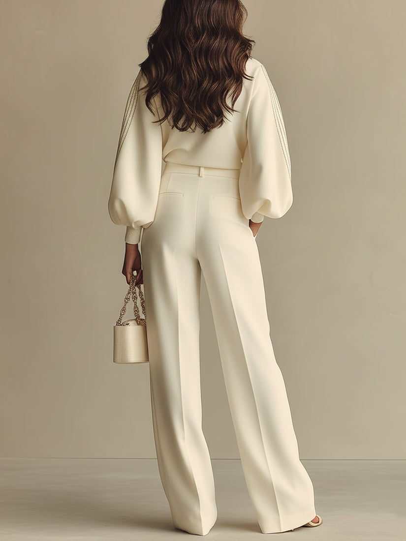 Ivory Crew Neck Top and High-Waisted Wide Leg Pants Set by Isa