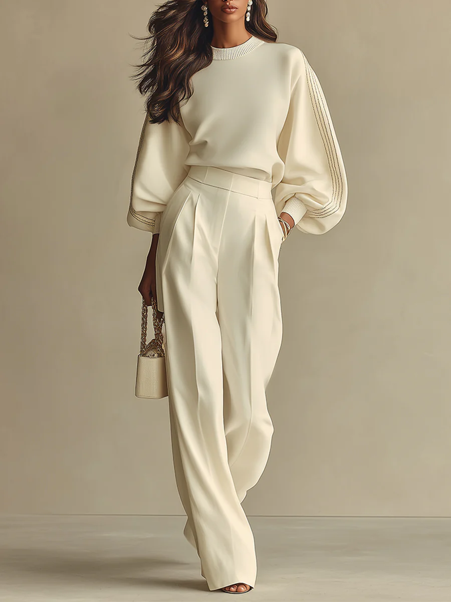 Ivory Crew Neck Top and High-Waisted Wide Leg Pants Set by Isa