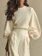 Ivory Crew Neck Top and High-Waisted Wide Leg Pants Set by Isa
