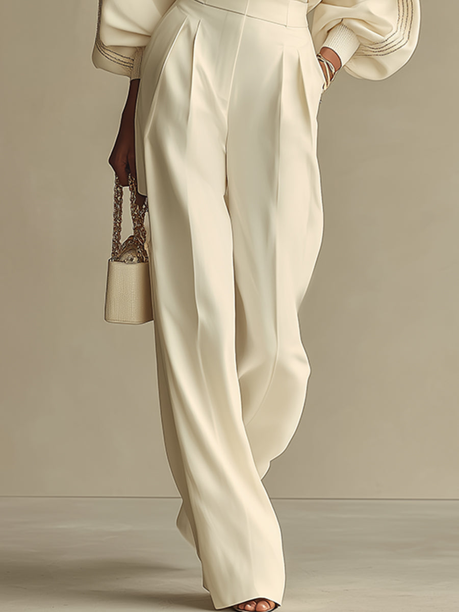 Ivory Crew Neck Top and High-Waisted Wide Leg Pants Set by Isa