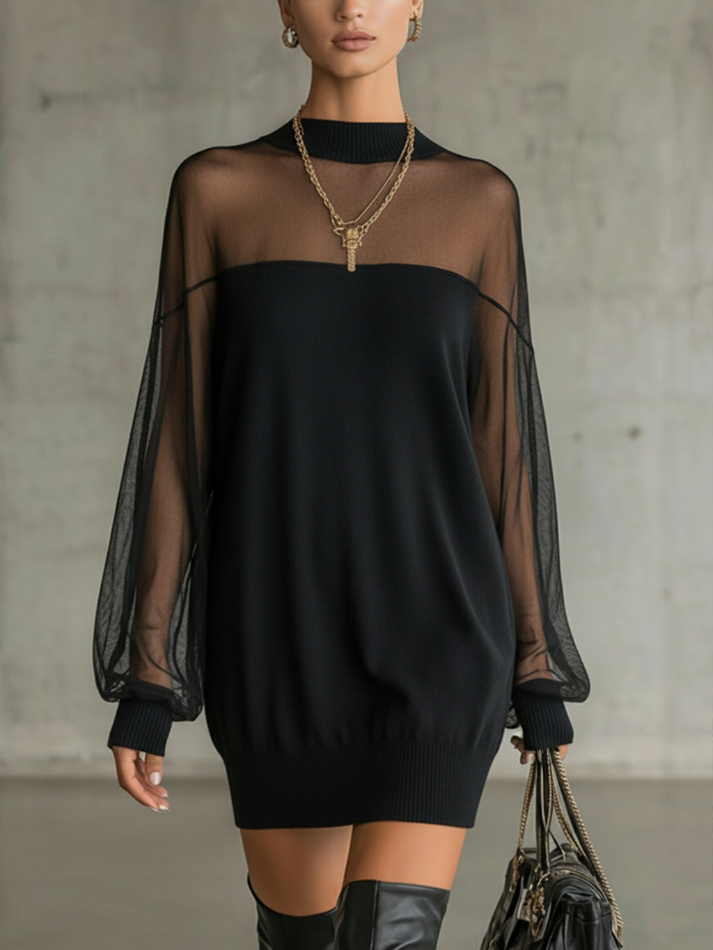 Daisy | Schwarzes Midi-Kleid mit Mesh-Ärmeln und Hohem Kragen