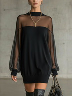 Daisy | Schwarzes Midi-Kleid mit Mesh-Ärmeln und Hohem Kragen