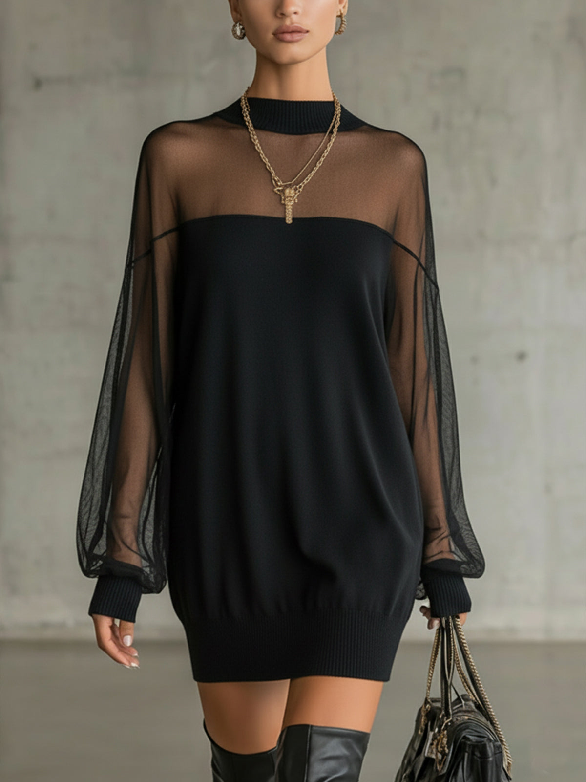 Daisy | Schwarzes Midi-Kleid mit Mesh-Ärmeln und Hohem Kragen