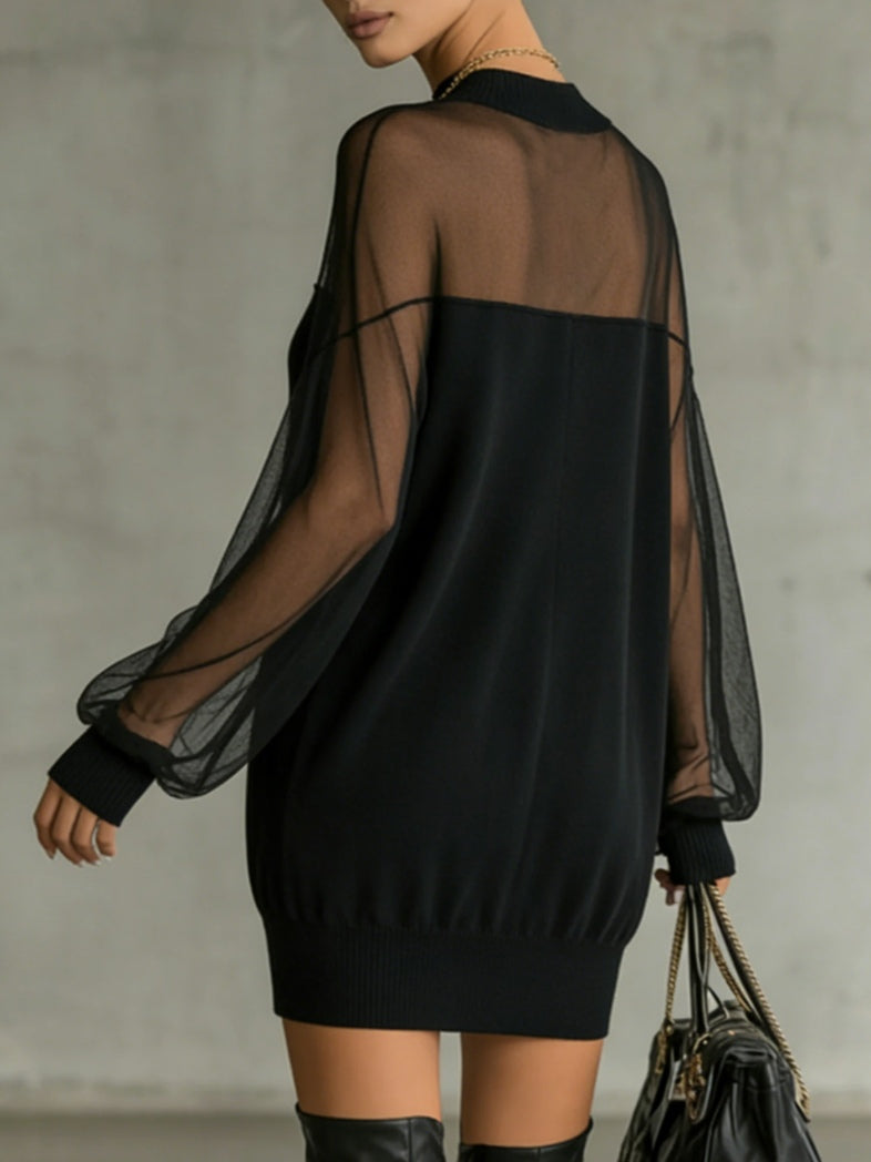 Daisy | Schwarzes Midi-Kleid mit Mesh-Ärmeln und Hohem Kragen