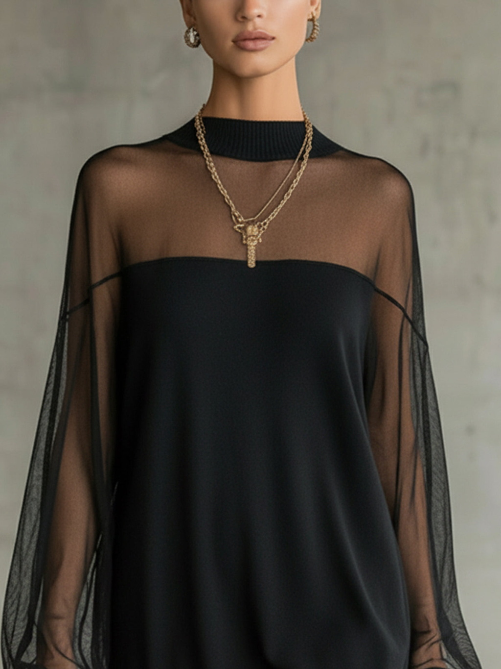 Daisy | Schwarzes Midi-Kleid mit Mesh-Ärmeln und Hohem Kragen