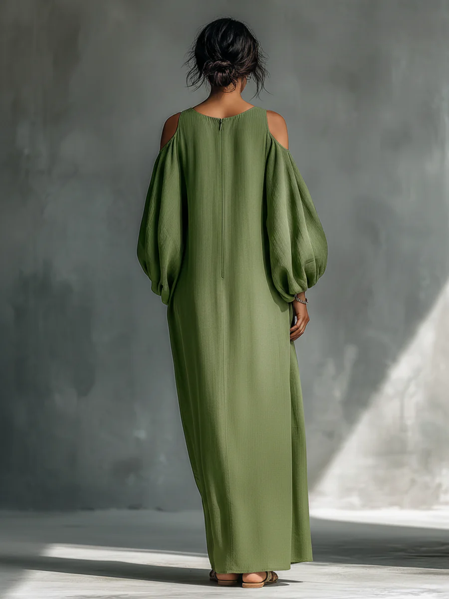 Anika | Grünes Maxi-Kleid mit Off-Shoulder Puffärmeln