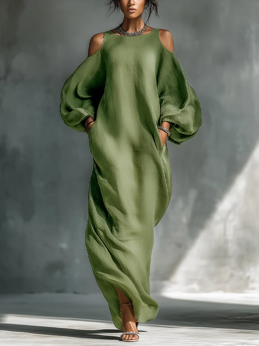 Anika | Grünes Maxi-Kleid mit Off-Shoulder Puffärmeln