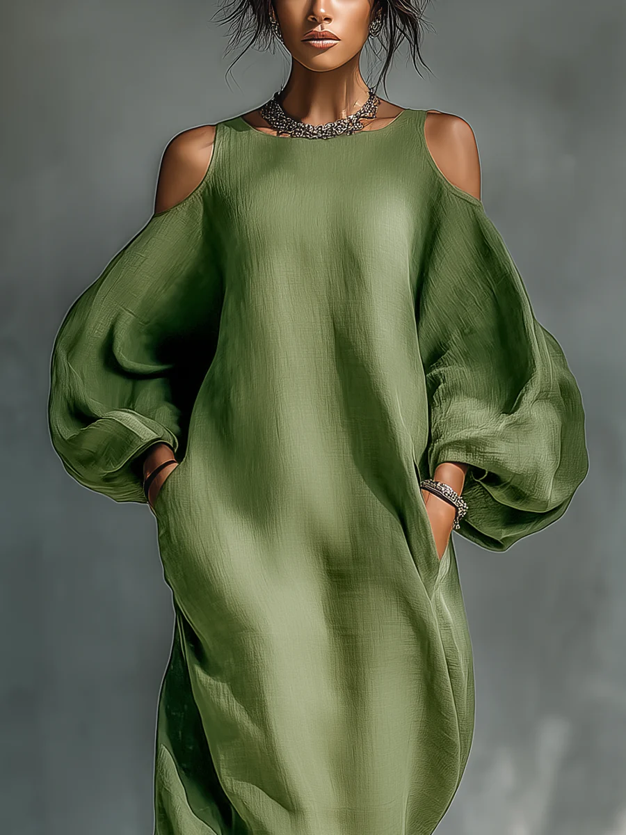 Anika | Grünes Maxi-Kleid mit Off-Shoulder Puffärmeln